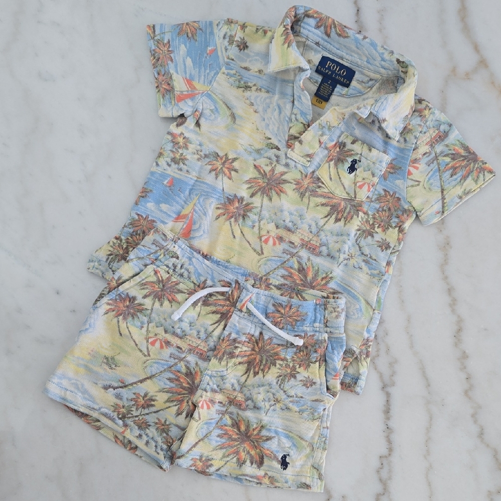 Polo by Ralph Lauren Kids Palm Print Pajama Set - Blue and Cream